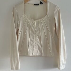 New York & Company Cream Long-Sleeve Scoop Neck Top with Front Trim